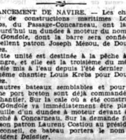 Lancement de 'Ma Gondole'<br>Source : site Bagou Coz / La Dépèche du Finistère, 25 février 1939